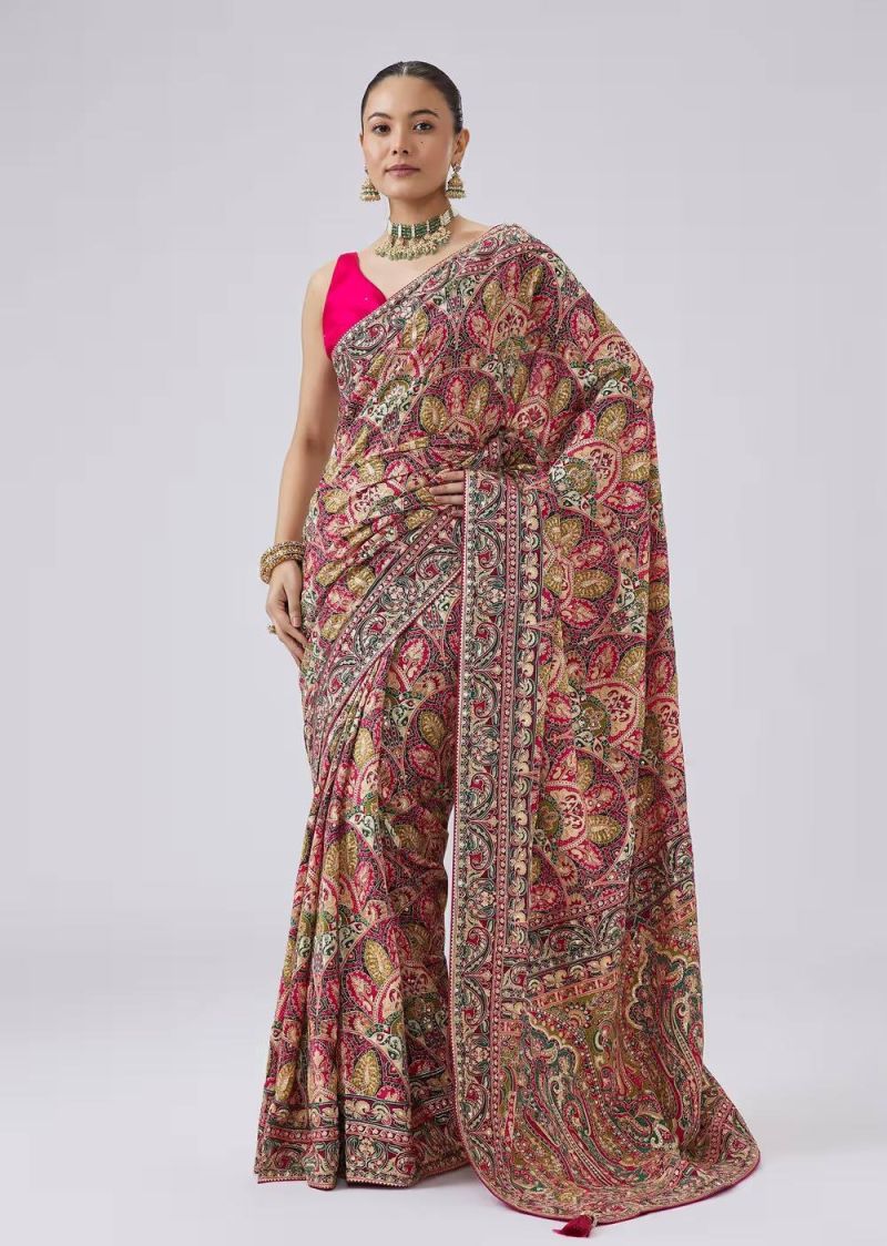 D No 211 By St Heavy Chinon Printed Handworked Saree